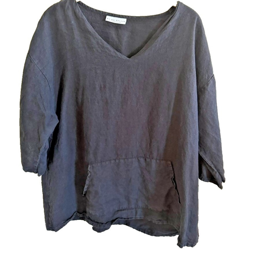 Bryn Walker Fran Shirt M 100% Linen Black Lagenlook Blouse V Neck‎ Pocket